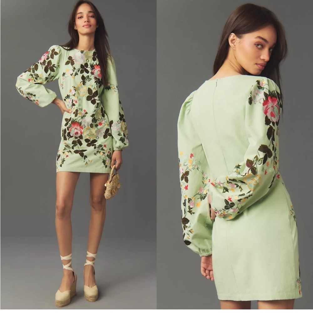 Anthropologie Mint Floral Long Sleeve Dress